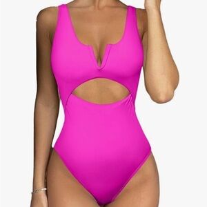 Vibrant Pink One-Piece Swimsuit with Plunging V-Neck and Cutouts